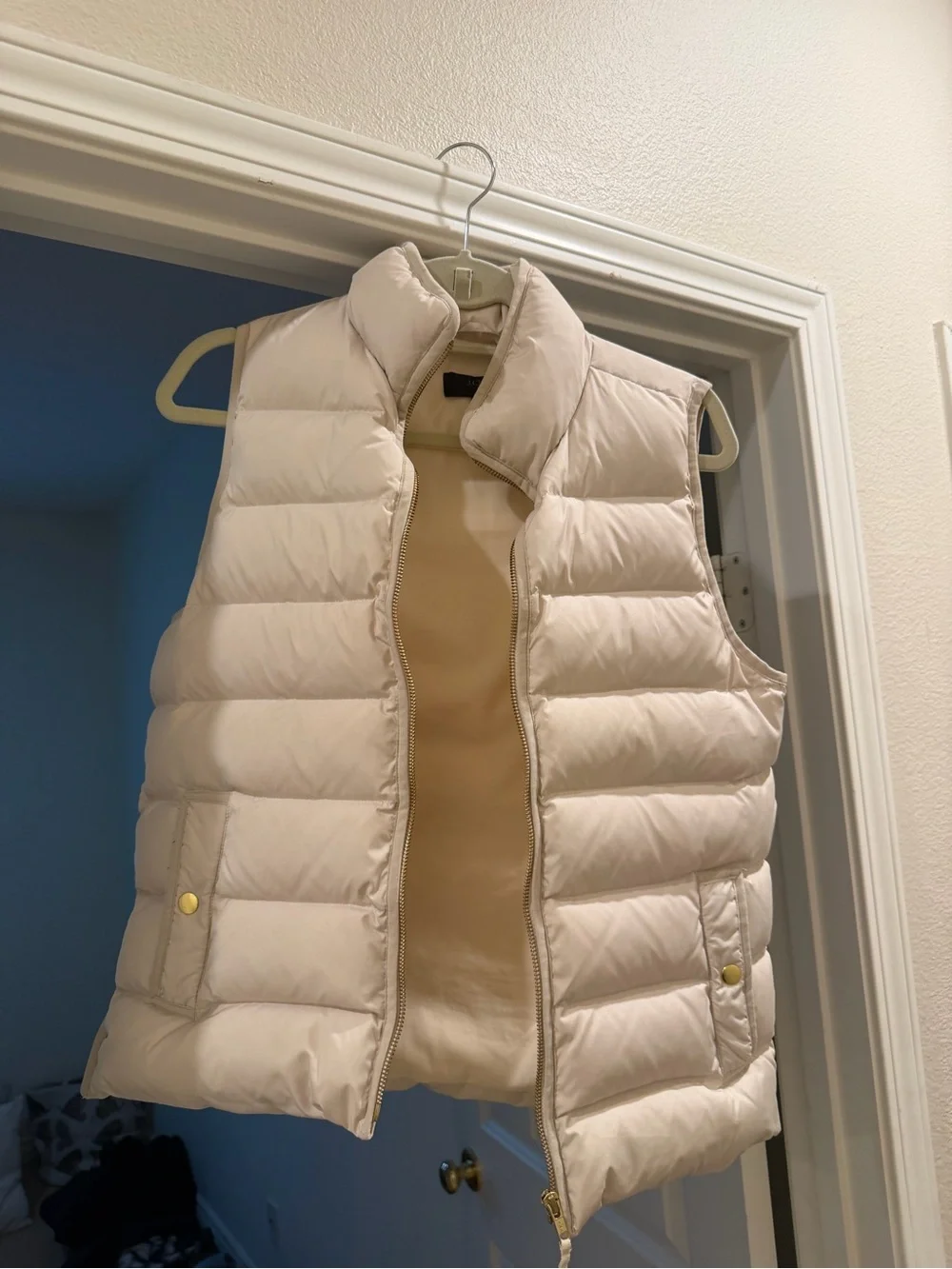 J.Crew Quilted Puffer Vest Tan Cream Gold Hardware Size S